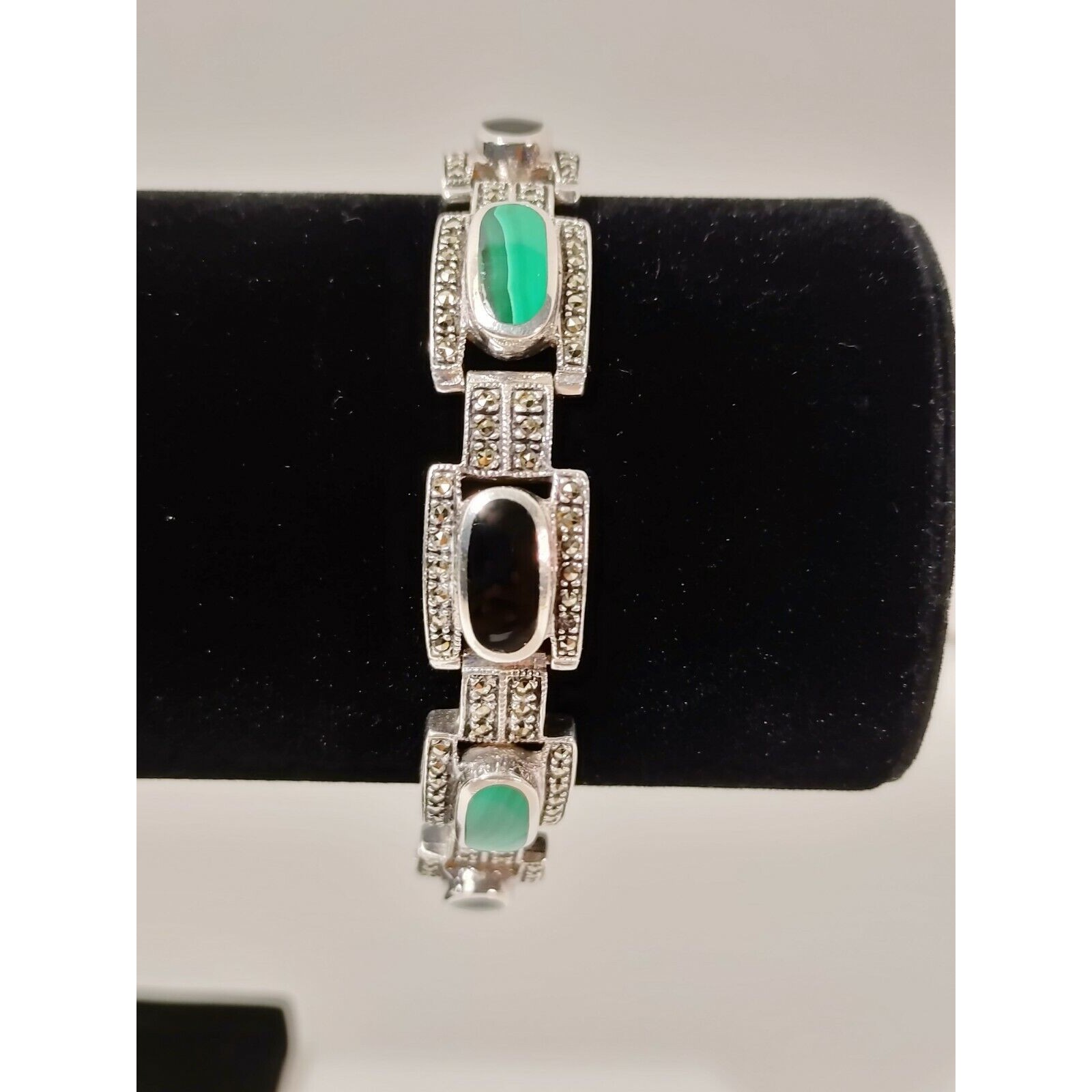 Sterling Silver Malachite Onyx Marcasite Bracelet Th Cpt Signed